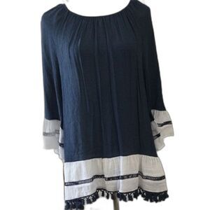 Indigo Soul Tunic Blouse Women’s Size Large Color Navy White 3/4 Sleeve